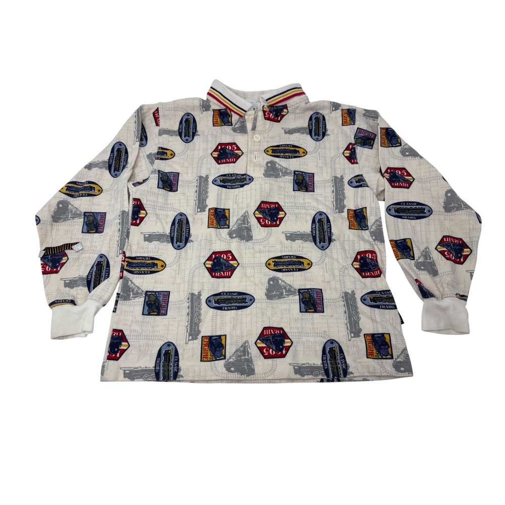 Vintage OshKosh B'gosh Boys Size 7 Train Print Long Sleeve Polo Shirt Cream 90s